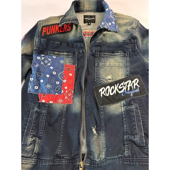 ROCKSTAR ORIGINAL Distressed Full Zip Patchwork Denim Jean Jacket Size Small EUC - Picture 6 of 7